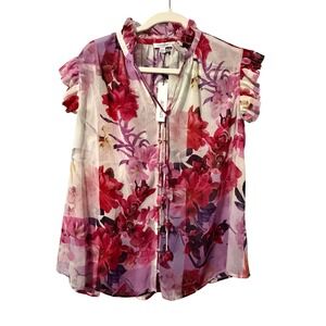 CHICOS Womens Floral‎ Ruffle Neck Button Front Blouse Top